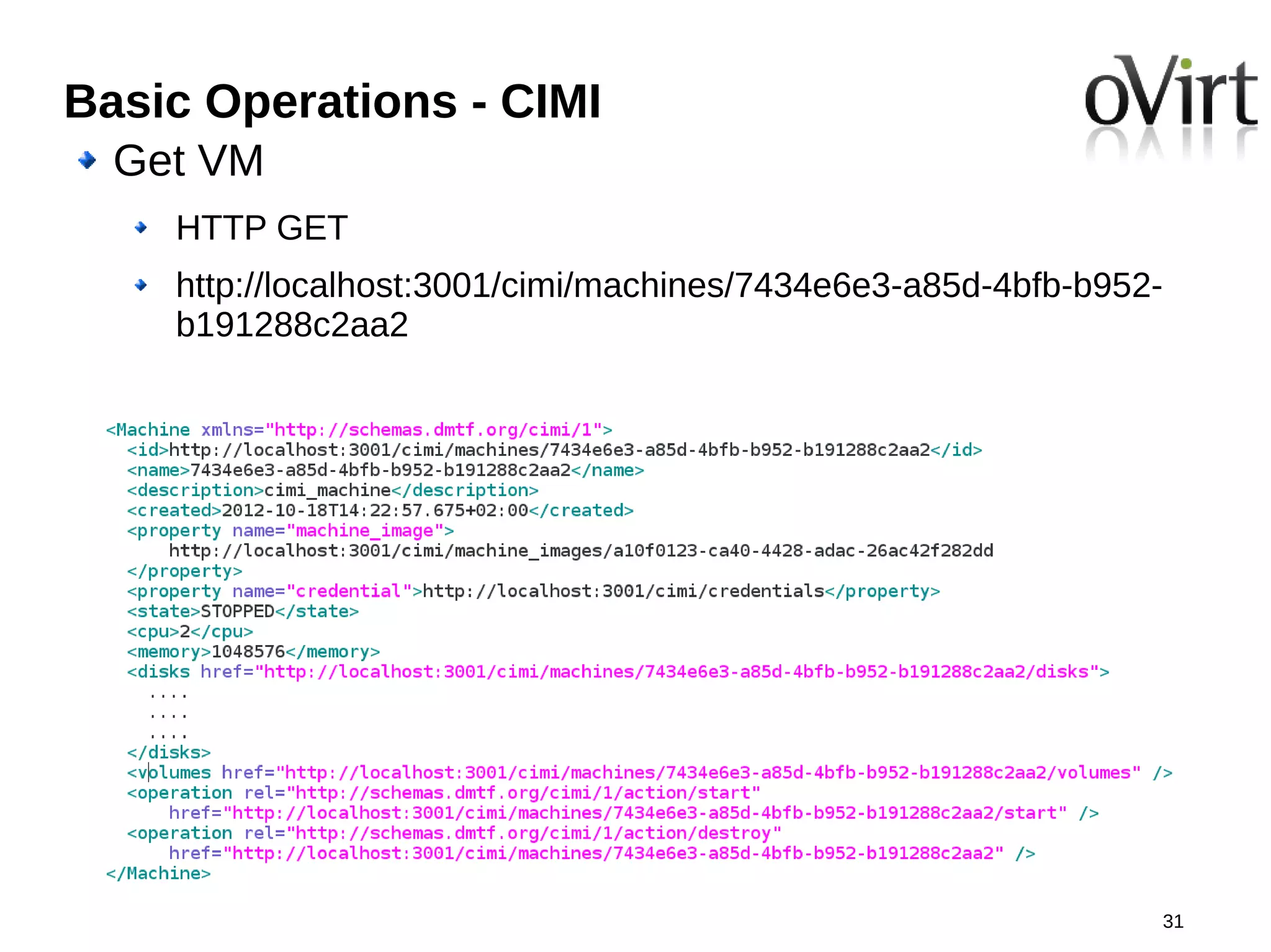 Basic Operations - CIMI
  Get VM
    HTTP GET
    http://localhost:3001/cimi/machines/7434e6e3-a85d-4bfb-b952-
    b191288c2aa2




                                                               31
 