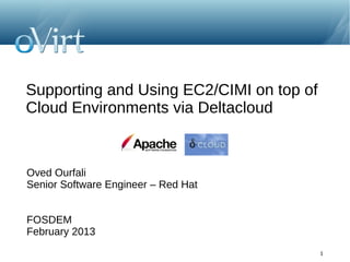 Supporting and Using EC2/CIMI on top of
Cloud Environments via Deltacloud



Oved Ourfali
Senior Software Engineer – Red Hat


FOSDEM & Puppet Camp
February 2013
                                          1
 