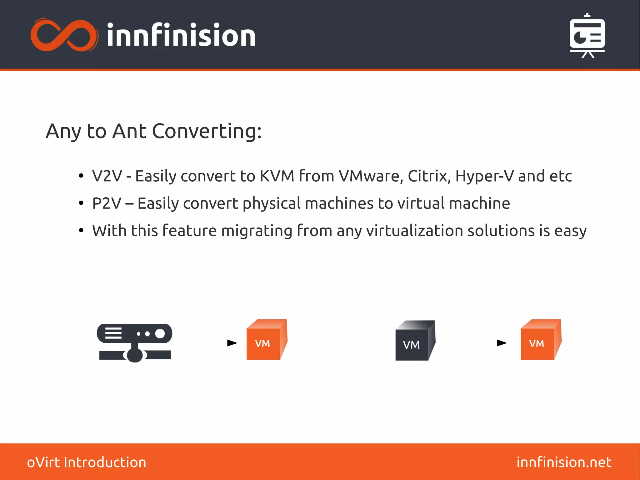 Any to Ant Converting: 
● V2V - Easily convert to KVM from VMware, Citrix, Hyper-V and etc 
● P2V – Easily convert physical machines to virtual machine 
● With this feature migrating from any virtualization solutions is easy 
oVirt Introduction innfinision.net 
 