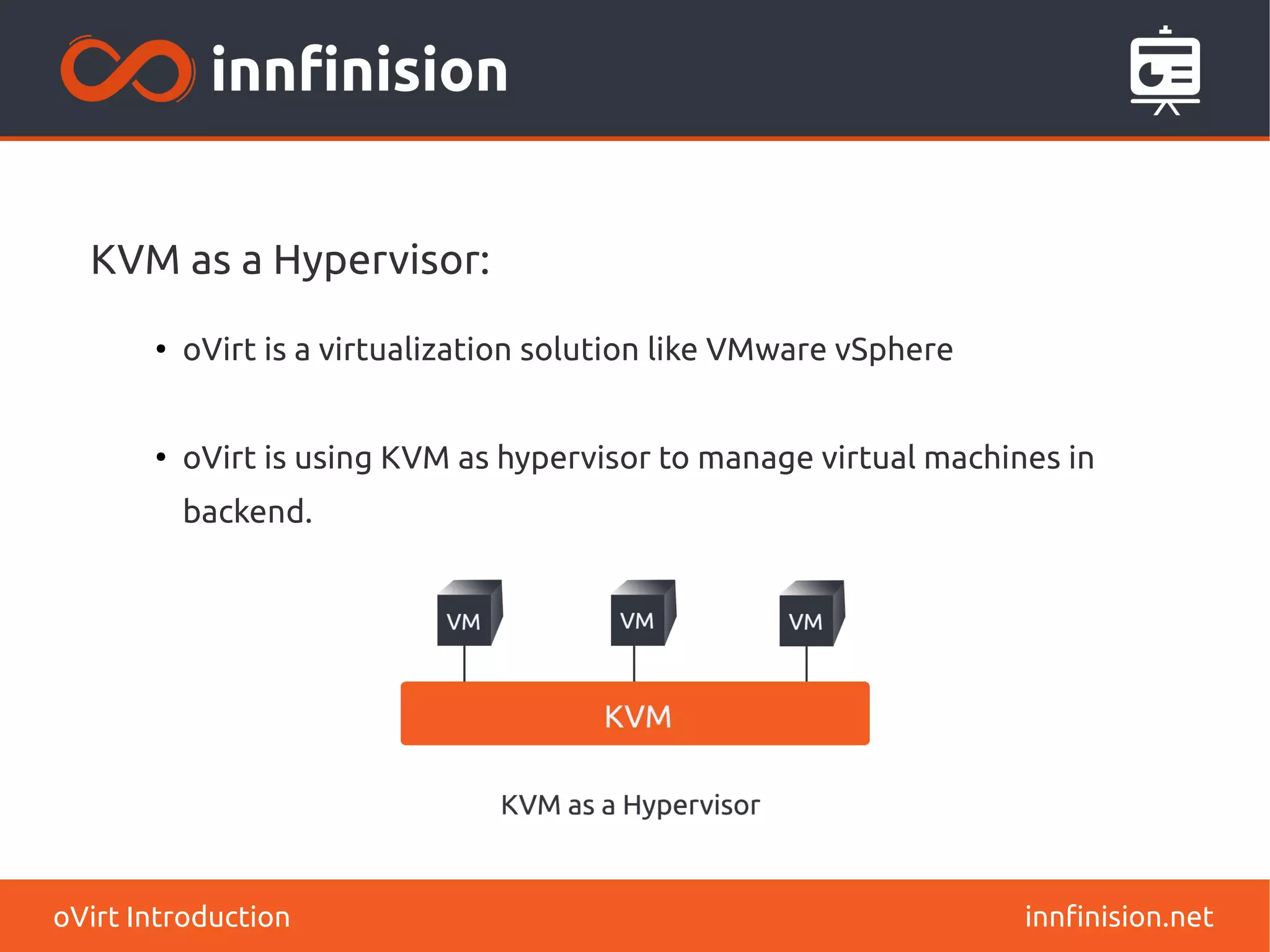 KVM as a Hypervisor: 
● oVirt is a virtualization solution like VMware vSphere 
● oVirt is using KVM as hypervisor to manage virtual machines in 
backend. 
oVirt Introduction innfinision.net 
 