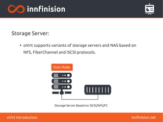 innfinision.netoVirt Introduction
Storage Server:
●
oVirt supports variants of storage servers and NAS based on
NFS, FiberChannel and iSCSI protocols.
 