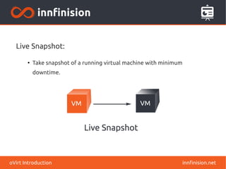 innfinision.netoVirt Introduction
Live Snapshot:
●
Take snapshot of a running virtual machine with minimum
downtime.
 