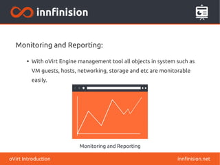 innfinision.netoVirt Introduction
Monitoring and Reporting:
●
With oVirt Engine management tool all objects in system such as
VM guests, hosts, networking, storage and etc are monitorable
easily.
 
