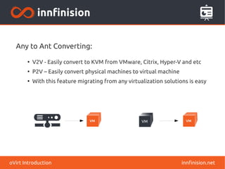 innfinision.netoVirt Introduction
Any to Ant Converting:
●
V2V - Easily convert to KVM from VMware, Citrix, Hyper-V and etc
●
P2V – Easily convert physical machines to virtual machine
●
With this feature migrating from any virtualization solutions is easy
 