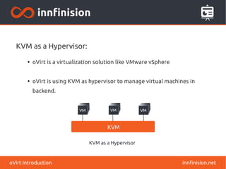 innfinision.netoVirt Introduction
KVM as a Hypervisor:
●
oVirt is a virtualization solution like VMware vSphere
●
oVirt is using KVM as hypervisor to manage virtual machines in
backend.
 