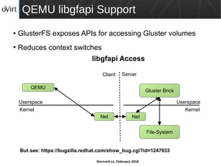 Devconf.cz, February 2016
QEMU libgfapi Support
● GlusterFS exposes APIs for accessing Gluster volumes
●
Reduces context switches
QEMU
Kernel
Userspace
Net
File-System
Gluster Brick
Net
Kernel
Userspace
Client Server
libgfapi Access
But see: https://bugzilla.redhat.com/show_bug.cgi?id=1247933
 