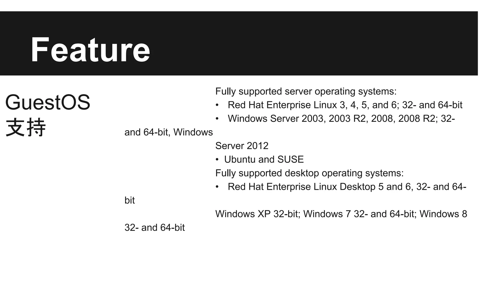 Feature
GuestOS
支持

Fully supported server operating systems:
• Red Hat Enterprise Linux 3, 4, 5, and 6; 32- and 64-bit
• Windows Server 2003, 2003 R2, 2008, 2008 R2; 32and 64-bit, Windows
Server 2012
• Ubuntu and SUSE
Fully supported desktop operating systems:
• Red Hat Enterprise Linux Desktop 5 and 6, 32- and 64bit
Windows XP 32-bit; Windows 7 32- and 64-bit; Windows 8
32- and 64-bit

 