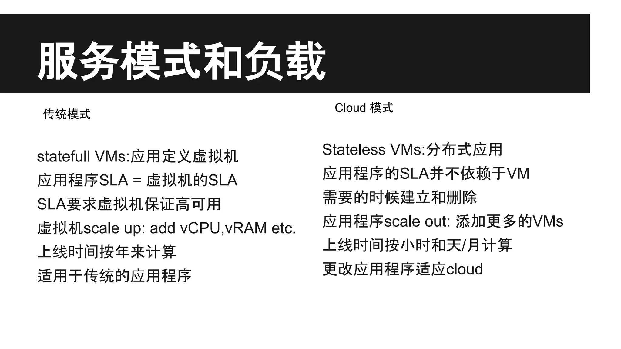 服务模式和负载
传统模式

Cloud 模式

statefull VMs:应用定义虚拟机

Stateless VMs:分布式应用

应用程序SLA = 虚拟机的SLA

应用程序的SLA并不依赖于VM

SLA要求虚拟机保证高可用

需要的时候建立和删除

虚拟机scale up: add vCPU,vRAM etc.

应用程序scale out: 添加更多的VMs

上线时间按年来计算

上线时间按小时和天/月计算

适用于传统的应用程序

更改应用程序适应cloud

 