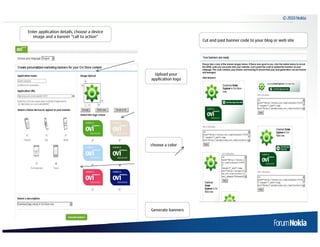 © 2010 Nokia


Enter application details, choose a device
  image and a banner “call to action”
                                                                Cut and past banner code to your blog or web site




                                               Upload your
                                             application logo




                                             choose a color




                                             Generate banners
 