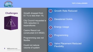 8 MBRcentral.com
Copyright© 2015 Ovivo Inc. All rights reserved.
8 MBRcentral.com
Copyright© 2015 Ovivo Inc. All rights reserved.
Challenges
TOP 5 CHALLENGES
Growth dropped from
8.7 % to less than 1%
City Council requested a
10% reduction in
expenditures
Casino Resort not
constructed (0.5 MGD)
Programming was not
flexible
Could not reduce
volume of system
Growth Rate Reduced
Dewatered Solids
Energy Usage
Programming
Valve Placement Reduced
Flexibility
 