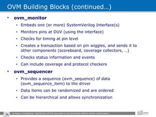 OVM Building Blocks (continued…) ovm_monitor Embeds one (or more) SystemVerilog Interface(s) Monitors pins at DUV (using the interface) Checks for timing at pin level Creates a transaction based on pin wiggles, and sends it to other components (scoreboard, coverage collectors, …) Checks status information and events Can include coverage and protocol checkers ovm_sequencer Provides a sequence (ovm_sequence) of data (ovm_sequence_item) to the driver Data items can be randomized and are ordered Can be hierarchical and allows synchronization Company Confidential. Distribution of this document is not permitted without written authorization.  
