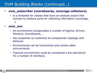OVM Building Blocks (continued…) ovm_subscriber (scoreboards, coverage collectors) Is a template for classes that have an analysis export that connect to analysis ports for collecting information (coverage, …) ovm_env An environment encapsulates a number of Agents, Drivers, Monitors, Scoreboards, … Has properties to customize its components’ topology and behavior Environments can be hierarchical and contain other environments Topmost environment could be considered a the test-bench for a number of interfaces Company Confidential. Distribution of this document is not permitted without written authorization.  