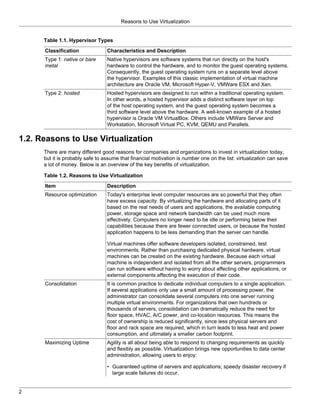 Reasons to Use Virtualization


      Table 1.1. Hypervisor Types
      Classification              Characteristics and Description
      Type 1: native or bare      Native hypervisors are software systems that run directly on the host's
      metal                       hardware to control the hardware, and to monitor the guest operating systems.
                                  Consequently, the guest operating system runs on a separate level above
                                  the hypervisor. Examples of this classic implementation of virtual machine
                                  architecture are Oracle VM, Microsoft Hyper-V, VMWare ESX and Xen.
      Type 2: hosted              Hosted hypervisors are designed to run within a traditional operating system.
                                  In other words, a hosted hypervisor adds a distinct software layer on top
                                  of the host operating system, and the guest operating system becomes a
                                  third software level above the hardware. A well-known example of a hosted
                                  hypervisor is Oracle VM VirtualBox. Others include VMWare Server and
                                  Workstation, Microsoft Virtual PC, KVM, QEMU and Parallels.

1.2. Reasons to Use Virtualization
      There are many different good reasons for companies and organizations to invest in virtualization today,
      but it is probably safe to assume that financial motivation is number one on the list: virtualization can save
      a lot of money. Below is an overview of the key benefits of virtualization.

      Table 1.2. Reasons to Use Virtualization
      Item                        Description
      Resource optimization       Today's enterprise level computer resources are so powerful that they often
                                  have excess capacity. By virtualizing the hardware and allocating parts of it
                                  based on the real needs of users and applications, the available computing
                                  power, storage space and network bandwidth can be used much more
                                  effectively. Computers no longer need to be idle or performing below their
                                  capabilities because there are fewer connected users, or because the hosted
                                  application happens to be less demanding than the server can handle.

                                  Virtual machines offer software developers isolated, constrained, test
                                  environments. Rather than purchasing dedicated physical hardware, virtual
                                  machines can be created on the existing hardware. Because each virtual
                                  machine is independent and isolated from all the other servers, programmers
                                  can run software without having to worry about affecting other applications, or
                                  external components affecting the execution of their code.
      Consolidation               It is common practice to dedicate individual computers to a single application.
                                  If several applications only use a small amount of processing power, the
                                  administrator can consolidate several computers into one server running
                                  multiple virtual environments. For organizations that own hundreds or
                                  thousands of servers, consolidation can dramatically reduce the need for
                                  floor space, HVAC, A/C power, and co-location resources. This means the
                                  cost of ownership is reduced significantly, since less physical servers and
                                  floor and rack space are required, which in turn leads to less heat and power
                                  consumption, and ultimately a smaller carbon footprint.
      Maximizing Uptime           Agility is all about being able to respond to changing requirements as quickly
                                  and flexibly as possible. Virtualization brings new opportunities to data center
                                  administration, allowing users to enjoy:

                                  • Guaranteed uptime of servers and applications; speedy disaster recovery if
                                    large scale failures do occur.


2
 