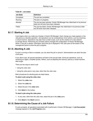 Starting A Job


       Table B.1. Job states
       Job State                   Definition
       Completed                   The job has completed.
       Running                     The job is in progress.
       Aborted                     The job has been aborted. Oracle VM Manager has rolled-back to its previous
                                   state and all locks have been released.
       Failed                      The job has failed. Oracle VM Manager has rolled-back to its previous state
                                   and all locks have been released.

B.1.7. Starting A Job
       A job begins when you make any change in Oracle VM Manager. Each change you make appears in the
       Job pane as a discrete operation. Job operations can be comparatively minor actions, such as renaming
       a virtual machine. Operations may also have a wider scope, such as the creation of a new network
       or storage device. Performing any of these actions changes the configuration of Oracle VM Manager.
       When a new job is started, information about the job is displayed in the Jobs pane at the bottom of the
       management pane to show the job's progress.

B.1.8. Aborting A Job
       If a job is running or fails to complete, you can abort the job to cancel it. Administrators can abort the jobs
       of all users.

       If you abort a job, all queued operations roll back to the pre-job state. Some job operations, such as
       renaming an object, complete quickly. Others, such as adjusting the memory used by a virtual machine,
       take longer.

       There are two ways to abort a job:

       • Using the Jobs view

       • Using the Jobs pane in any view, other than the Jobs view.

       Both procedures for aborting jobs are listed below.
       To abort a job using the Jobs view:

       1. Select the Jobs view.

       2. Select the Jobs tab.

       3. Select the job in the Jobs table.

       4. Click Abort in the toolbar.

       To abort a job using the Jobs pane:

       1. In any view, other than the Jobs view, select the job in the Jobs pane.

       2. Click Abort in the Abort column.

B.1.9. Determining the Cause of a Job Failure
       If a job succeeds, all operations associated with it performed in Oracle VM Manager. A Job Succeeded
       message appears in the Job Progress area.


                                                                                                                    169
 