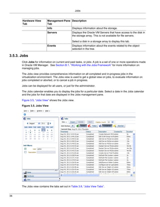 Jobs


       Hardware View          Management Pane Description
       Tab                    Tab
                              Info                  Displays information about the storage.
                              Servers               Displays the Oracle VM Servers that have access to the disk in
                                                    the storage array. This is not available for file servers.

                                                    Select a disk in a storage array to display this tab.
                              Events                Displays information about the events related to the object
                                                    selected in the tree.

3.5.3. Jobs
       Click Jobs for information on current and past tasks, or jobs. A job is a set of one or more operations made
       in Oracle VM Manager. See Section B.1, “Working with the Jobs Framework” for more information on
       managing jobs.

       The Jobs view provides comprehensive information on all completed and in-progress jobs in the
       virtualization environment. The Jobs view is used to get a global view on jobs, to evaluate information on
       jobs completed or aborted, or to cancel a job in progress.

       Jobs can be displayed for all users, or just for the administrator.

       The Jobs calendar enables you to display the jobs for a particular date. Select a date in the Jobs calendar
       and the jobs for that date are displayed in the Jobs management pane.

       Figure 3.5, “Jobs View” shows the Jobs view.

       Figure 3.5. Jobs View




       The Jobs view contains the tabs set out in Table 3.8, “Jobs View Tabs”.


34
 