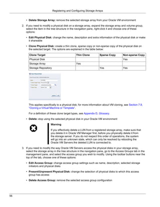 Registering and Configuring Storage Arrays


        • Delete Storage Array: remove the selected storage array from your Oracle VM environment

     2. If you need to modify a physical disk on a storage array, expand the storage array and volume group,
        select the item in the tree structure in the navigation pane, right-click it and choose one of these
        options:

        • Edit Physical Disk: change the name, description and extra information of the physical disk or make
          it shareable

        • Clone Physical Disk: create a thin clone, sparse copy or non-sparse copy of the physical disk on
          the selected target. The options are explained in the table below:

           Clone Target                             Thin Clone           Sparse Copy         Non-sparse Copy
           Physical Disk                                                                     Yes
           Storage Array                            Yes
           Storage Repository                                            Yes                 Yes




          This applies specifically to a physical disk; for more information about VM cloning, see Section 7.8,
          “Cloning a Virtual Machine or Template”.

          For a definition of these clone target types, see Appendix D, Glossary.

        • Delete: stop using the selected physical disk in your Oracle VM environment

                              Warning

                              If you effectively delete a LUN from a registered storage array, make sure that
                              you delete it in Oracle VM Manager first, before you physically delete it from
                              the storage server. If you do not respect this order of operations, the system
                              will go into an unknown state, which can only be resolved by rebooting the
                              Oracle VM Servers the deleted LUN is connected to.

     3. If you need to modify the way Oracle VM Servers access the physical disks in your storage array,
        select the storage array in the tree structure in the navigation pane, go to the Access Groups tab in the
        management pane, and select the access group you wish to modify. Using the toolbar buttons near the
        top of the tab, choose one of these options:

        • Edit Access Group: change access group settings such as name, description, selected storage
          initiators and physical disks

        • Present/Unpresent Physical Disk: change the selection of physical disks to which this access
          group has access

        • Delete Access Group: remove the selected access group configuration




56
 