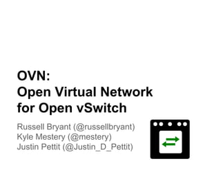 OVN:
Open Virtual Network
for Open vSwitch
Russell Bryant (@russellbryant)
Kyle Mestery (@mestery)
Justin Pettit (@Justin_D_Pettit)
 
