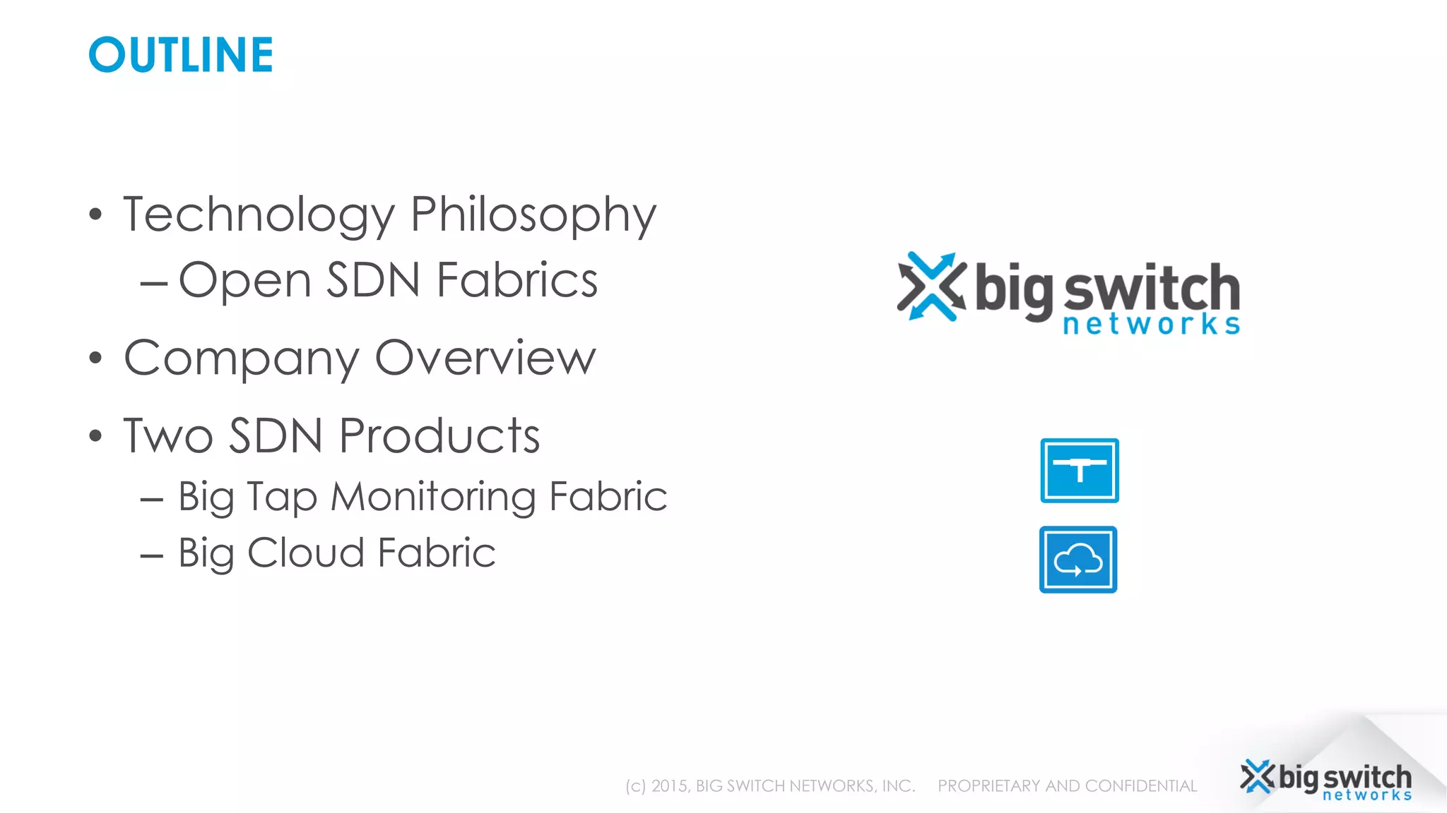 OUTLINE
• Technology Philosophy
– Open SDN Fabrics
• Company Overview
• Two SDN Products
– Big Tap Monitoring Fabric
– Big Cloud Fabric
(c) 2015, BIG SWITCH NETWORKS, INC. PROPRIETARY AND CONFIDENTIAL
 