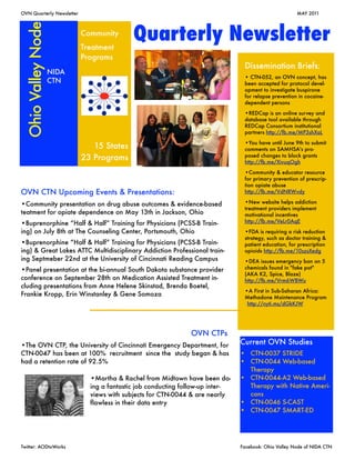 OVN Quarterly Newsletter                                                 	                            MAY 2011




 Ohio Valley Node          Community
                           Treatment
                                           Quarterly Newsletter
                           Programs
                                                                                Dissemination Briefs:
                    NIDA
                                                                                • CTN-052, an OVN concept, has
                    CTN                                                         been accepted for protocol devel-
                                                                                opment to investigate buspirone
                                                                                for relapse prevention in cocaine-
                                                                                dependent persons

                                                                                •REDCap is an online survey and
                                                                                database tool available through
                                                                                REDCap Consortium institutional
                                                                                partners http://fb.me/MP3shXaL

                                                                                •You have until June 9th to submit
                              15 States                                         comments on SAMHSA's pro-
                           23 Programs                                          posed changes to block grants
                                                                                http://fb.me/XivuqOgh

                                                                                •Community & educator resource
                                                                                for primary prevention of prescrip-
                                                                                tion opiate abuse
OVN CTN Upcoming Events & Presentations:                                        http://fb.me/VdNRWvdy

•Community presentation on drug abuse outcomes & evidence-based                 •New website helps addiction
                                                                                treatment providers implement
teatment for opiate dependence on May 13th in Jackson, Ohio                     motivational incentives
•Buprenorphine “Half & Half” Training for Physicians (PCSS-B Train-             http://fb.me/VeLr0AqE
ing) on July 8th at The Counseling Center, Portsmouth, Ohio                     •FDA is requiring a risk reduction
                                                                                strategy, such as doctor training &
•Buprenorphine “Half & Half” Training for Physicians (PCSS-B Train-             patient education, for prescription
ing) & Great Lakes ATTC Multidisciplinary Addiction Professional train-         opioids http://fb.me/10szsXedg
ing Septmeber 22nd at the University of Cincinnati Reading Campus               •DEA issues emergency ban on 5
•Panel presentation at the bi-annual South Dakota substance provider            chemicals found in "fake pot"
                                                                                (AKA K2, Spice, Blaze)
conference on September 28th on Medication Assisted Treatment in-               http://fb.me/Vrm6WBWu
cluding presentations from Anne Helene Skinstad, Brenda Boetel,
                                                                                •A First in Sub-Saharan Africa:
Frankie Kropp, Erin Winstanley & Gene Somoza                                    Methadone Maintenance Program
                                                                                 http://nyti.ms/dGkKJW




                                                              OVN CTPs
•The OVN CTP, the University of Cincinnati Emergency Department, for           Current OVN Studies
CTN-0047 has been at 100% recruitment since the study began & has              • CTN-0037 STRIDE
had a retention rate of 92.5%                                                  • CTN-0044 Web-based
                                                                                 Therapy
                             •Martha & Rachel from Midtown have been do-       • CTN-0044-A2 Web-based
                             ing a fantastic job conducting follow-up inter-     Therapy with Native Ameri-
                             views with subjects for CTN-0044 & are nearly       cans
                             flawless in their data entry                      • CTN-0046 S-CAST
                                                                               • CTN-0047 SMART-ED




Twitter: AODtxWorks	                                                           Facebook: Ohio Valley Node of NIDA CTN
 