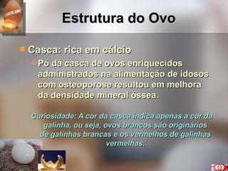 Estrutura do Ovo Casca: rica em cálcio Pó da casca de ovos enriquecidos administrados na alimentação de idosos com osteoporose resultou em melhora da densidade mineral óssea. Curiosidade: A cor da casca indica apenas a cor da galinha, ou seja, ovos brancos são originários de galinhas brancas e os vermelhos de galinhas vermelhas. 