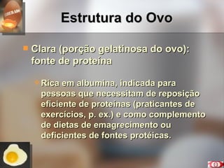 Estrutura do Ovo Clara (porção gelatinosa do ovo): fonte de proteína Rica em albumina, indicada para pessoas que necessitam de reposição eficiente de proteínas (praticantes de exercícios, p. ex.) e como complemento de dietas de emagrecimento ou deficientes de fontes protéicas. 