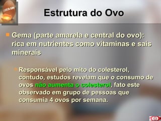 Estrutura do Ovo Gema (parte amarela e central do ovo): rica em nutrientes como vitaminas e sais minerais Responsável pelo mito do colesterol, contudo, estudos revelam que o consumo de ovos  não aumenta o colesterol , fato este observado em grupo de pessoas que consumia 4 ovos por semana. 