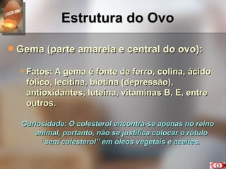 Estrutura do Ovo Gema (parte amarela e central do ovo): Fatos: A gema é fonte de ferro, colina, ácido fólico, lecitina, biotina (depressão), antioxidantes, luteína, vitaminas B, E, entre outros.  Curiosidade: O colesterol encontra-se apenas no reino animal, portanto, não se justifica colocar o rótulo “sem colesterol” em óleos vegetais e azeites.  
