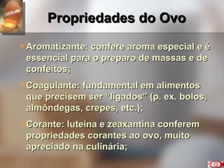 Propriedades do Ovo Aromatizante: confere aroma especial e é essencial para o preparo de massas e de confeitos; Coagulante: fundamental em alimentos que precisem ser “ligados” (p. ex. bolos, almôndegas, crepes, etc.); Corante: luteína e zeaxantina conferem propriedades corantes ao ovo, muito apreciado na culinária; 