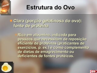 Estrutura do Ovo Clara (porção gelatinosa do ovo): fonte de proteína Rica em albumina, indicada para pessoas que necessitam de reposição eficiente de proteínas (praticantes de exercícios, p. ex.) e como complemento de dietas de emagrecimento ou deficientes de fontes protéicas. 