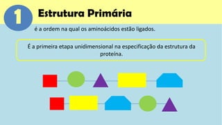 1       Estrutura Primária
      é a ordem na qual os aminoácidos estão ligados.

    É a primeira etapa unidimensional na especificação da estrutura da
                                proteína.
 