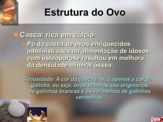 Estrutura do Ovo Casca: rica em cálcio Pó da casca de ovos enriquecidos administrados na alimentação de idosos com osteoporose resultou em melhora da densidade mineral óssea. Curiosidade: A cor da casca indica apenas a cor da galinha, ou seja, ovos brancos são originários de galinhas brancas e os vermelhos de galinhas vermelhas. 