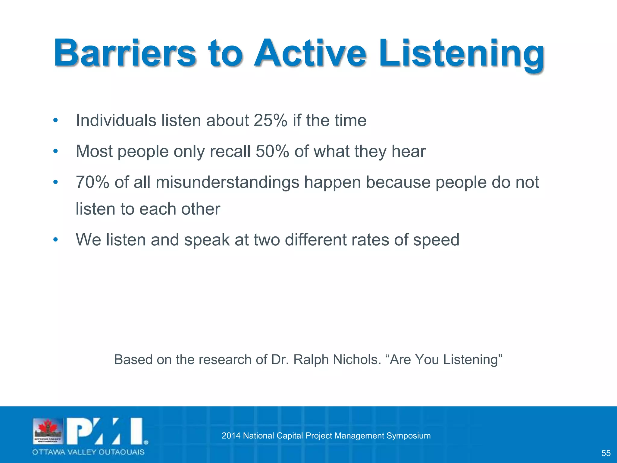 55 
Barriers to Active Listening 
• Individuals listen about 25% if the time 
• Most people only recall 50% of what they hear 
• 70% of all misunderstandings happen because people do not 
listen to each other 
• We listen and speak at two different rates of speed 
Based on the research of Dr. Ralph Nichols. “Are You Listening” 
2014 National Capital Project Management Symposium 
 