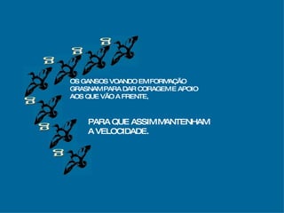 g g g g g g OS GANSOS VOANDO EM FORMAÇÃO GRASNAM PARA DAR CORAGEM E APOIO AOS QUE VÃO A FRENTE, PARA QUE ASSIM MANTENHAM A VELOCIDADE. 