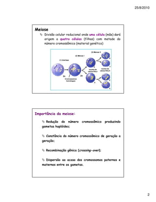 25/8/2010




                                                              (3) Meiose II

                                           (2) Meiose I

                       (1) Interfase




                                                           núcleo da         núcleo da
                                                          célula filha I    célula filha II


                           2n                     2n
                              Cromossomos
                               homólogos




0   )

    !     "#                           $                          %
               &                   '


    (      )                           $                      %                               "#
        "# '


    !          *         "#                   +              ,             -'


    .              #
                                                    /




                                                                                                          2
 