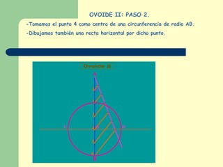 OVOIDE II: PASO 2. -Tomamos el punto 4 como centro de una circunferencia de radio AB. -Dibujamos también una recta horizontal por dicho punto. 