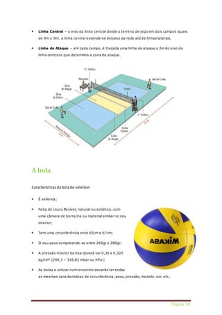  Linha Central – o eixo da linha central divide o terreno de jogo em dois campos iguais 
Página 10 
de 9m x 9m. a linha central estende-se debaixo da rede até às linhas laterais. 
 Linha de Ataque – em cada campo, é traçada uma linha de ataque a 3m do eixo da 
linha central e que determina a zona de ataque. 
A bola 
Características da bola de voleibol: 
 É esférica; 
 Feita de couro flexível, natural ou sintético, com 
uma câmara de borracha ou material similar no seu 
interior; 
 Tem uma circunferência ente 65cm e 67cm; 
 O seu peso compreende-se entre 260gr e 280gr; 
 A pressão interior da boa deverá ser 0,30 a 0,325 
kg/cm2 (294,3 – 318,82 mbar ou hPa); 
 As bolas a utilizar num encontro deverão ter todas 
as mesmas características de circunferência, peso, pressão, modelo, cor, etc.. 
 
