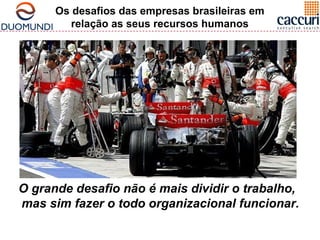 Os desafios das empresas brasileiras em 
relação as seus recursos humanos 
O grande desafio não é mais dividir o trabalho, 
mas sim fazer o todo organizacional funcionar. 
 