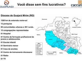 Você disse sem fins lucrativos? 
Diocese de Guajará Mirim (RO) 
1200 km de extensão norte-sul 
12 paróquias 
60 comunidades urbanas e 361 rurais. 
12 congregações representadas 
01 Hospital 
01 Centro de formação profissional de 
jovens e adolescentes 
01 Escola infantil 
01 Seminário menor 
01 Casa de anciões 
01 Centro de treinamento diocesano 
01 Rádio 
01 TV 
 