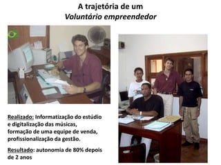 A trajetória de um 
Voluntário empreendedor 
Realizado: Informatização do estúdio 
e digitalização das músicas, 
formação de uma equipe de venda, 
profissionalização da gestão. 
Resultado: autonomia de 80% depois 
de 2 anos 
 