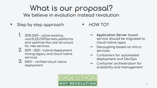 What is our proposal?
We believe in evolution instead revolution
• Step by step approach.
1. 2018-2019 – utilize existing
JainSLEE/SIPServlets platforms
and optimize the cost structure
for new services
2. 2019 – 2021 – hybrid deployment
mixing legacy and cloud native
services
3. 2021+ - Unified cloud native
deployment
OVOO company confidential 19
• HOW TO?
– Application Server based
service should be migrated to
cloud native apps
– Decoupling based on micro
services
– Containers for automated
deployment and DevOps
– Container orchestration for
scalability and management
 