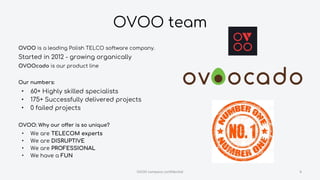 OVOO team
OVOO company confidential 4
OVOO is a leading Polish TELCO software company.
Started in 2012 - growing organically
OVOOcado is our product line
Our numbers:
• 60+ Highly skilled specialists
• 175+ Successfully delivered projects
• 0 failed projects
OVOO: Why our offer is so unique?
• We are TELECOM experts
• We are DISRUPTIVE
• We are PROFESSIONAL
• We have a FUN
 