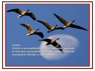 Lição:Lição:
Existe a necessidade do revezamento, quandoExiste a necessidade do revezamento, quando
se tem por propósito tarefas complexas sendose tem por propósito tarefas complexas sendo
necessário dividir a liderança.necessário dividir a liderança.
 