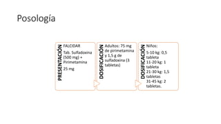 Posología
PRESENTACIÓN
FALCIDAR
Tab. Sulfadoxina
(500 mg) +
Pirimetamina
25 mg
DOSIFICACIÓN
Adultos: 75 mg
de pirimetamina
y 1,5 g de
sulfadoxina (3
tabletas)
DOSIFICACIÓN
Niños:
5-10 kg: 0,5
tableta
11-20 kg: 1
tableta
21-30 kg: 1,5
tabletas
31-45 kg: 2
tabletas.
 