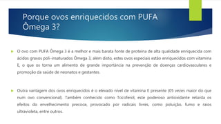 Porque ovos enriquecidos com PUFA
Ômega 3?
 O ovo com PUFA Ômega 3 é a melhor e mais barata fonte de proteína de alta qualidade enriquecida com
ácidos graxos poli-insaturados Ômega 3, além disto, estes ovos especiais estão enriquecidos com vitamina
E, o que os torna um alimento de grande importância na prevenção de doenças cardiovasculares e
promoção da saúde de neonatos e gestantes.
 Outra vantagem dos ovos enriquecidos é o elevado nível de vitamina E presente (05 vezes maior do que
num ovo convencional). Também conhecido como Tocoferol, este poderoso antioxidante retarda os
efeitos do envelhecimento precoce, provocado por radicais livres, como poluição, fumo e raios
ultravioleta, entre outros.
 