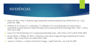 REFERÊNCIAS
 Anton, M.; Nau, F.;Nys, Y. Bioactive egg components and their potential uses. World Poult. Sci. J. v.62,
p.429-437, 2006.
 Hoffman, D. R.; Theuer, R. C.; Castaneda, Y. S.; Wheaton, D. H. et al. Maturation of visual acuity is
accelerated in breast-fed term infants fed baby food containing DHA-Enriched Egg Yolk. J. Nutr. v. 134, p.
2307-2313, 2004.
 Jump, D. B. The biochemistry of n-3 polyunsaturated fatty acids. J. Biol. Chem. V.277, p.8755-8758, 2002.
 Kovacs-Nolan, J.; Phillips, M.; Mine, Y. Advances in the value of eggs and egg components for human
health. J. Agric. Food Chem.v.53, p.8421-8431, 2005.
 Leeson, S.; Caston, L. J. Vitamin enrichment of eggs. J. Appl. Poult. Res. v.12, p.24-26, 2003.
 