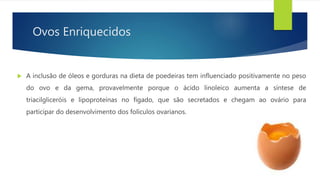 Ovos Enriquecidos
 A inclusão de óleos e gorduras na dieta de poedeiras tem influenciado positivamente no peso
do ovo e da gema, provavelmente porque o ácido linoleico aumenta a síntese de
triacilgliceróis e lipoproteínas no fígado, que são secretados e chegam ao ovário para
participar do desenvolvimento dos folículos ovarianos.
 