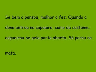 Se bem o pensou, melhor o fez. Quando a
dona entrou na capoeira, como de costume,
esgueirou-se pela porta aberta. Só parou na
mata.

 