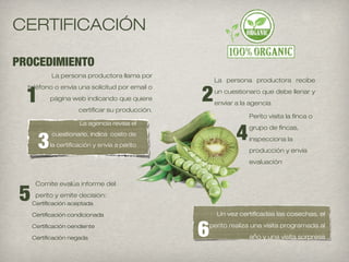 PROCEDIMIENTO
La persona productora llama por
teléfono o envia una solicitud por email o
página web indicando que quiere
certificar su producción.
La persona productora recibe
un cuestionaro que debe llenar y
enviar a la agencia
Perito visita la finca o
grupo de fincas,
inspecciona la
producción y envía
evaluación
Comite evalúa informe del
perito y emite decisión:
Un vez certificadas las cosechas, el
perito realiza una visita programada al
año y una visita sorpresa
Certificación aceptada
Certificación condicionada
Certificación oendiente
Certificación negada
1 2
4
5
6
CERTIFICACIÓN
La agencia revisa el
cuestionario, indica costo de
la certificación y envía a perito
a revisar la fina
3
 