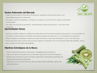 Hechos Relevantes del Mercado
‣ Existe una demanda en crecimiento de alimentos orgánicos, de producción local y con
disponibilidad ajustada a la demanda.
‣ No existe un gremio organizado y censado que agrupe a los Productores Orgánicos existentes
en Venezuela.
‣ No existe una ventana de exposición certificada para impulsar la producción y venta de estos
productos.
Oportunidades Claves
‣ Agrupar, coordinar, asesorar y certificar al conglomerado de Productores Orgánicos venezolanos, con el propósito de
ser puente/ canal de difusión entre ellos y las grandes cadenas de distribución y comercialización de alimentos.
‣ Brindar facilidad y simplicidad a cadenas de supermercados en el proceso de licitación y procura de alimentos.
‣Crear conciencia sobre consumo de productos orgánicos. Garantizar a los consumidores finales disponibilidad , precio
justo y acceso a información especializada.
Objetivos Estratégicos de la Marca
‣ Ser el canal de referencia en estandares y rentabilidad para productores
‣ Ser una ventana de exposición loca e internacional para los Prductores Orgánicos
‣ Brindar a las cadenas de super mercados, restaurantes, fabricantes industriales, etc.
listado de proveedores certificados
‣ Sembrar en el consumidor final una cultura de alimentación saludable y apoyo a la
producción local.
 