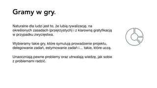 Gramy w gry.
Naturalne dla ludzi jest to, że lubią rywalizację, na
określonych zasadach (przejrzystych) i z klarowną gratyﬁkacją
w przypadku zwycięstwa.

Wybieramy takie gry, które symulują prowadzenie projektu,
delegowanie zadań, estymowanie zadań i… takie, które uczą.

Unaoczniają pewne problemy oraz utrwalają wiedzę, jak sobie
z problemami radzić.

 